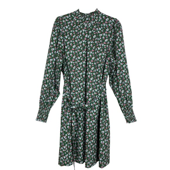 Boden Floral High Neck Shift Long Sleeve Dress Green Tie Belt Dress Size 14 - Picture 5 of 11